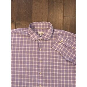 Peter Millar Shirt Mens Size 2XL Purple Plaid Stripe Linen Long Sleeve Button Up